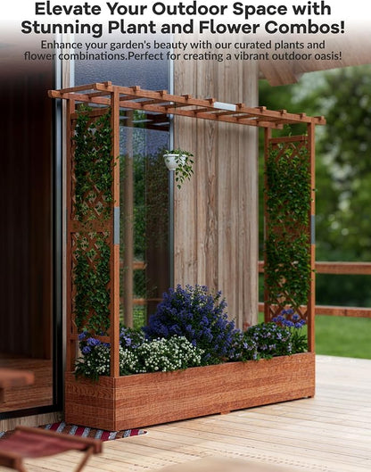 Garvee Raised Garden Bed with Trellis & Hanging Roof, Wood Planter Box with Bottom and Drainage Holes, Freestanding Garden Planter for Flower Vegetable Fruit Herb Climbing Vines, 77“x17“x72“