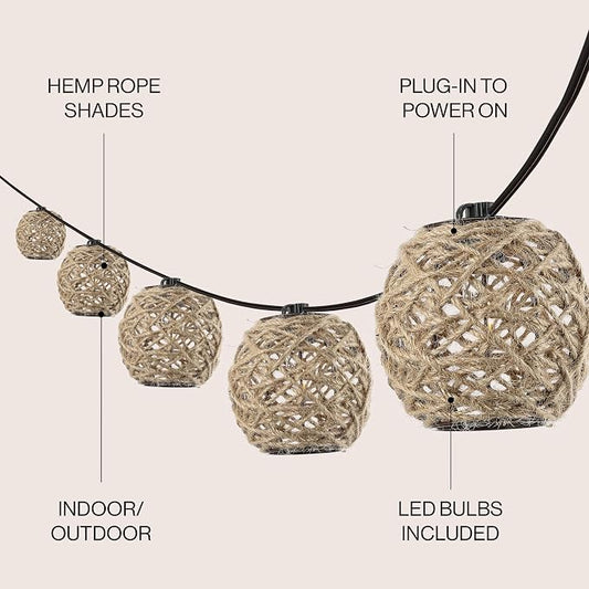 JONATHAN Y 10' 10-Light Rustic Coastal LED String Lights, Light Brown Hemp Rope Shaded Globe Lights for Indoor Outdoor Patio Porch, Bohemian Decor, LED Bulbs Included JYL8710A