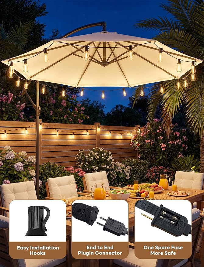 LED Outdoor String Lights 50FT Edison Lights with 27 ST38 Shatterproof Bulbs, Outside Hanging Lights Waterproof for Patio, Porch, Deck, Garden, Balcony, 2700K Warm White, Dimmable