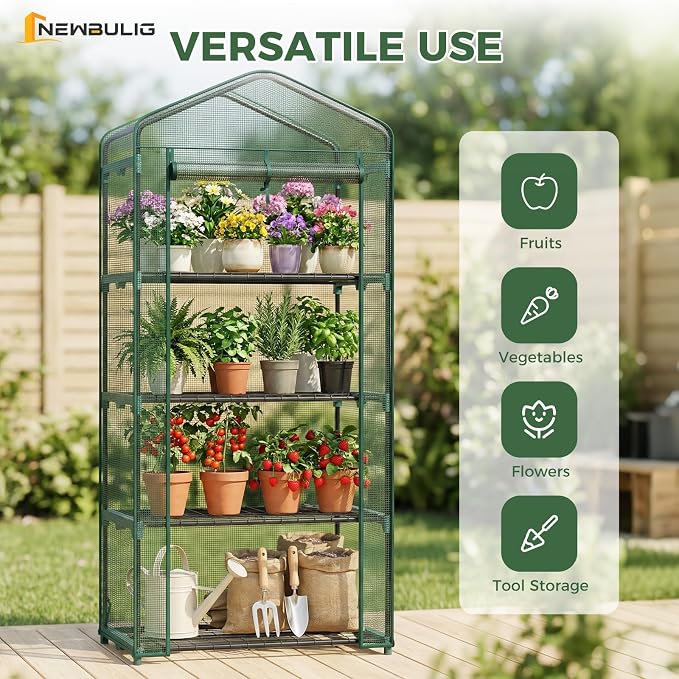 NEWBULIG Mini Greenhouse with Durable PE Cover Roll-up Zipper Door 4 Tier, 27"x19"x63" Small Greenhouse for Outdoors Indoor Balcony, Porch, Garden, Patio, Backyard Green Houses, Green