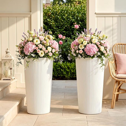 24" Tall Planters for Outdoor Plants with Insert, Set of 2 White | Large Outdoor Planters for Front Porch Decor with Drainage Hole, Plastic Striped Flower Pots Fits Indoor Plants Patio Garden