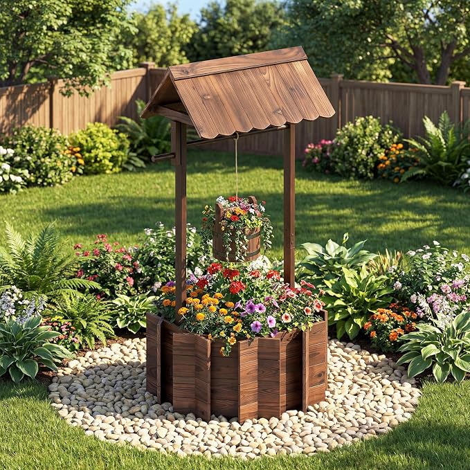 HAPPYGRILL Wooden Wishing Well Planter with Hanging Bucket, Flower Plants Planter, Outdoor Wishing Wells for Yard,Wishing Well Planters for Outside, Home Decor