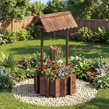 HAPPYGRILL Wooden Wishing Well Planter with Hanging Bucket, Flower Plants Planter, Outdoor Wishing Wells for Yard,Wishing Well Planters for Outside, Home Decor