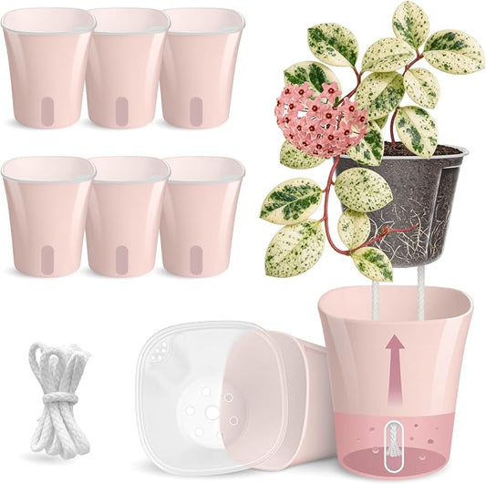 8 Pack 4" Self Watering Pots for Indoor Plants, Clear Inner Cup, Small Pink Plastic Planters, Water Level Indicator, Drainage Holes, Extra 3ft Wick, Cuttings,Seedlings,Herb,African Violets