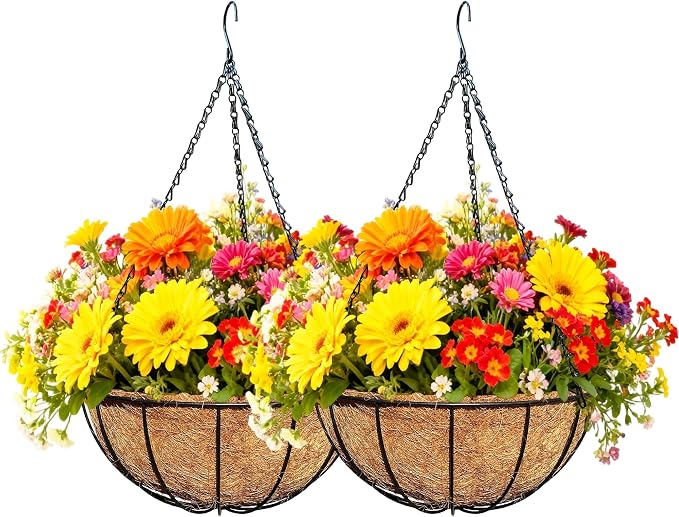2 Pack 12 Inch Black Metal Hanging Basket Hanging Planter with Coco Coir Liner Heavy Duty Hanging Flower Pot Holder for Indoor Outdoor Patio Garden Porch Balcony Decor (Watermelon)