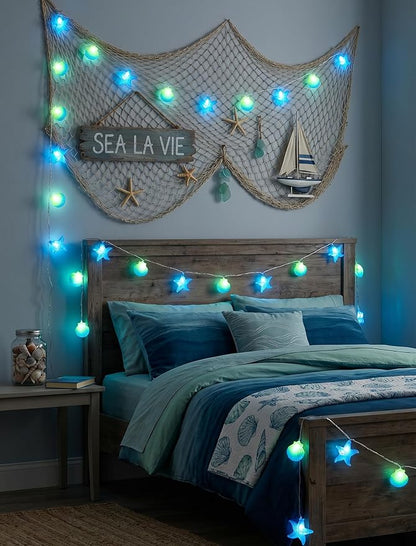 8.5Ft Beach Themed Seashell String Lights, 10L LED Starfish Seashell Lights Plug in for Boho Coastal Bedroom Seashell Party Nautical Party Holiday Decor, Indoor Outdoor