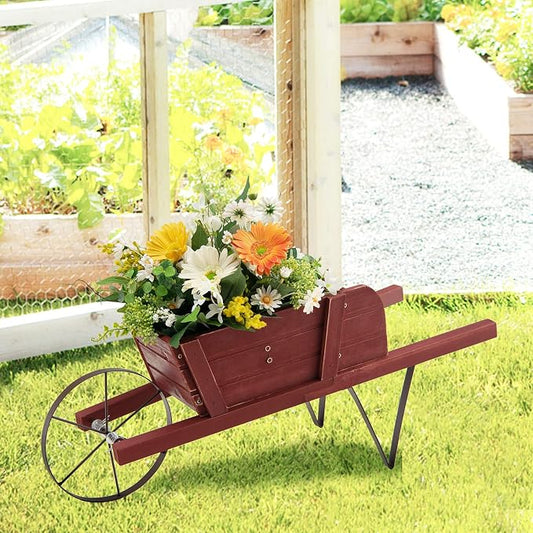 Wooden Wagon Planter, 27.5"x10.5"x11.5" Wheelbarrow Cart Plant Pot with Halloween Decoration & Metal Supports, Single Wheel Movable Garden Flower Cart Planter for Yard, Backyard (Red)