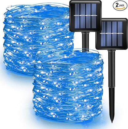 Dazzle Bright 2 Pack Solar String Lights Outdoor, Total 80FT 240LED Solar Powered Waterproof Fairy Lights 8 Modes, Copper Wire Lights for Christmas Patio Party Tree Yard Decoration (Blue)