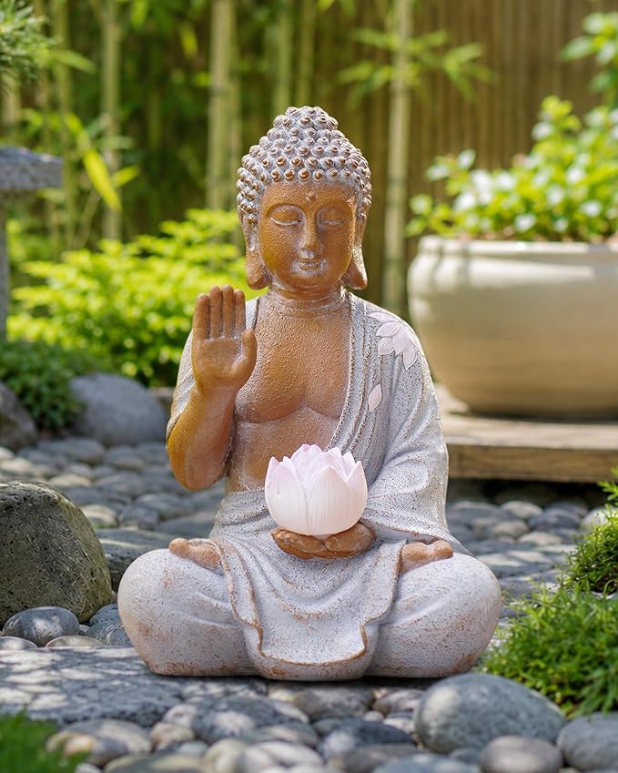 Nacome Solar Buddha Garden Statue Decor: Sitting Resin Figurine with Lotus Flower Light Zen Sculpture for Patio Lawn Yard Porch Balcony Meditation Space - 10.6 inches(White)