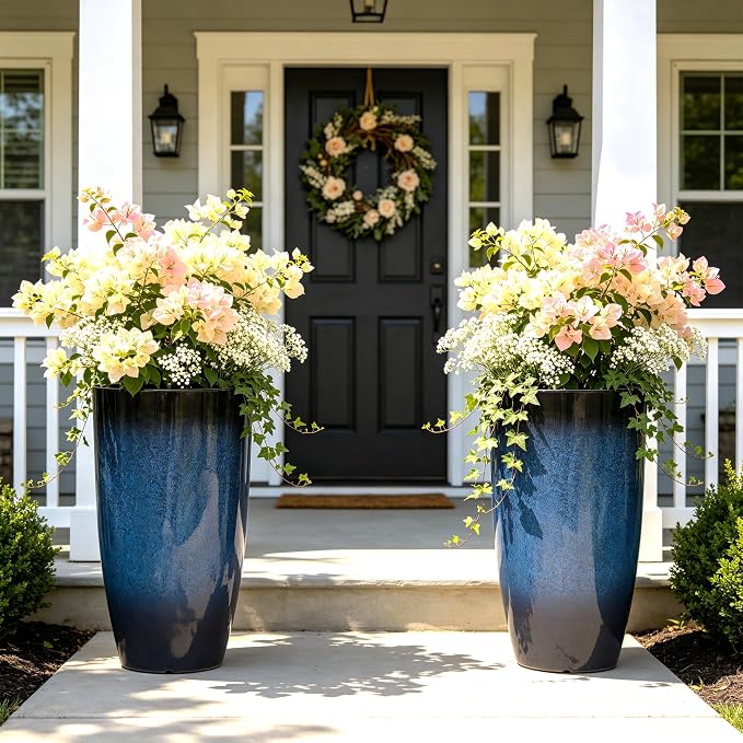 Autodaya 23.8" Large Cobalt Blue Tall Planters, Set of 2 Plastic Pots | Gradient Cobalt Blue Finish, Lightweight And Weather-Resistant Plastic Build, for Porch, Garden, Patio, Deck, or Indoor Use