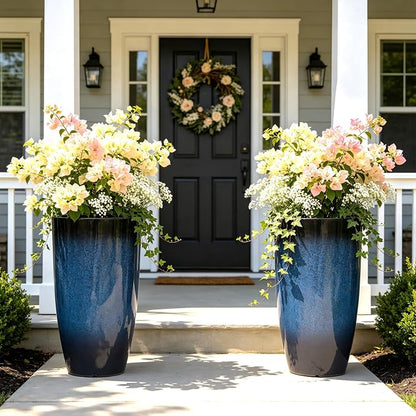 Autodaya 23.8" Large Cobalt Blue Tall Planters, Set of 2 Plastic Pots | Gradient Cobalt Blue Finish, Lightweight And Weather-Resistant Plastic Build, for Porch, Garden, Patio, Deck, or Indoor Use
