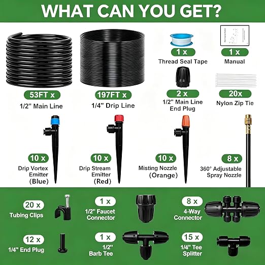 250FT Drip Irrigation System for Garden with 38pcs Adjustable Copper Nozzles & Emitters, Automatic Garden Watering System with 1/2" & 1/4" Tubing for Raised Bed, Yard, Greenhouse, Potted Plants, Lawn
