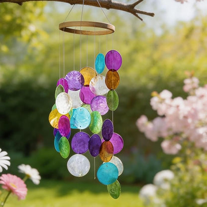 YU FENG 19.6 Inch Capiz Seashell Wind Chimes, Coastal Garden Decor | Hand Painted Metal Mobile, Rainbow Shell Design, Outdoor Hanging Ornament, Patio Yard Home Window Decoration