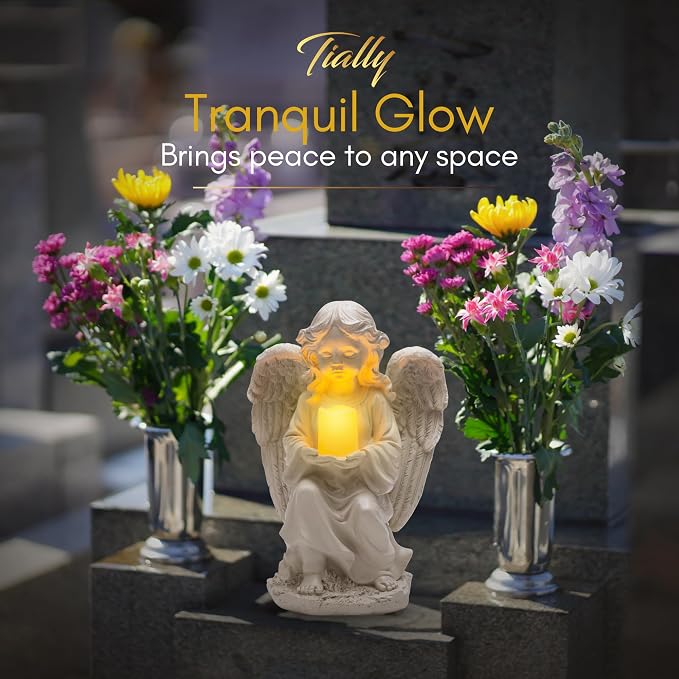 TIALLY Solar Angel Garden Statue with Glowing Candle – Large Angel Figurines with Soft Glow, Weatherproof Outdoor Statues for Memorial Decor, Yard, Lawn or Cemetery Use, Angels Gifts for Women