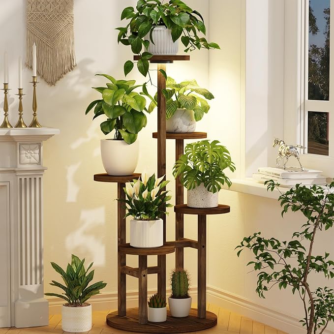 LASZOLA 5 Tiered Wood Plant Stand Indoor Corner with Grow Light, Flower Holder Rack Tall for Multiple Plants, Rustic Planter Shelf Display for Patio Garden Balcony Living Room， Brown