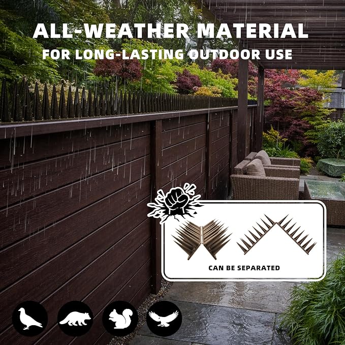 Bird Spikes, 30 Pack, 41.9 FT Total Coverage, Outdoor Bird Deterrent for Pigeons and Small Birds, Helps Keep Cats and Squirrels Away, Plastic Spikes for Fences, Railings and Roofs, Brown
