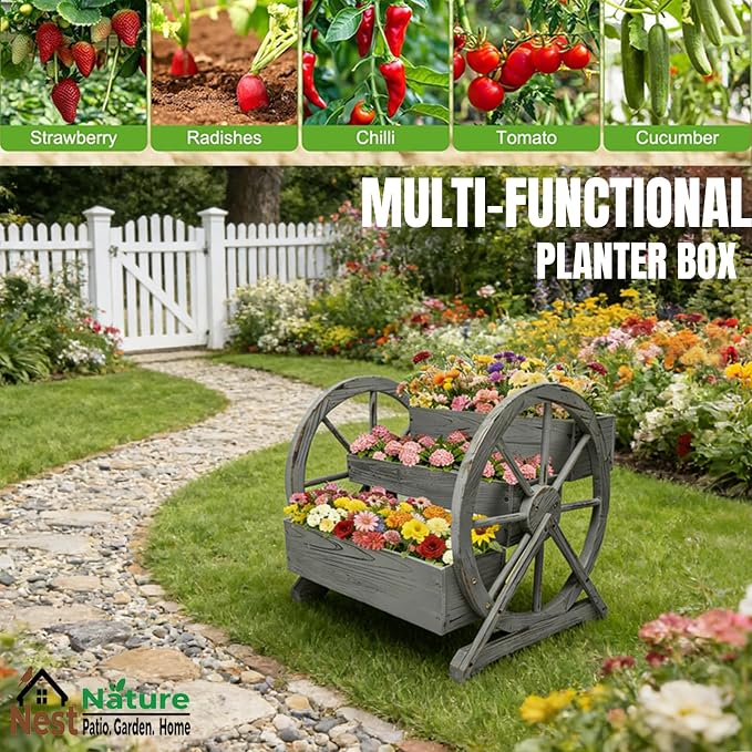 3 Tier Large Wooden Wagon Planter Box|Outdoor Planter/Flower Pot for Indoor&Outdoor Plants-Rustic Garden Planter for Patio,Porch&Garden Decor-Raised Garden Bed for Succulents,Herbs,Vegetables
