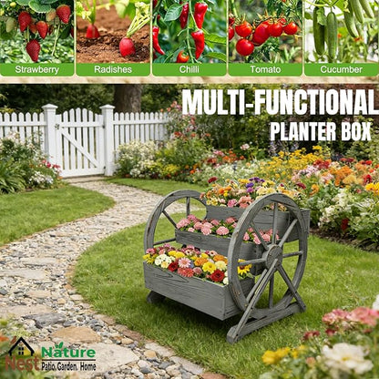 3 Tier Large Wooden Wagon Planter Box|Outdoor Planter/Flower Pot for Indoor&Outdoor Plants-Rustic Garden Planter for Patio,Porch&Garden Decor-Raised Garden Bed for Succulents,Herbs,Vegetables