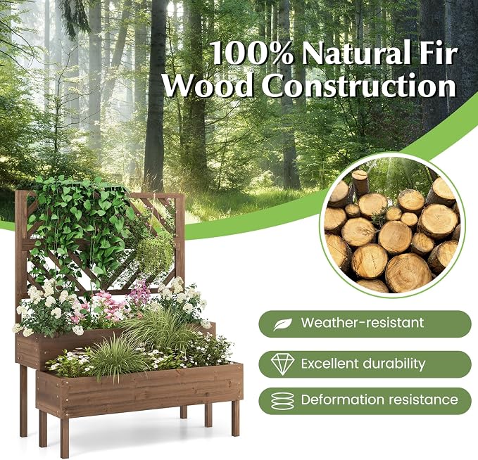 ORALNER Raised Garden Bed with Trellis, 43” x 24.5” x 53” Outdoor 2-Tier Wooden Planter Box with Drainage Holes, Elevated Garden Trellis Planter for Vine Flower Herb Fruit Vegetable (Brown)
