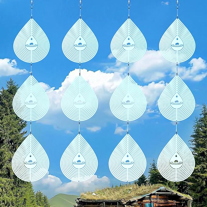 3D Water Drop Pendant Stainless Steel Wind Spinners, Bird Scare Discs with Metal Shiny Highly Reflective Double Sided 360°Rotating, Deterrents to Keep Scare Birds Away from Garden Patio Porches Yard