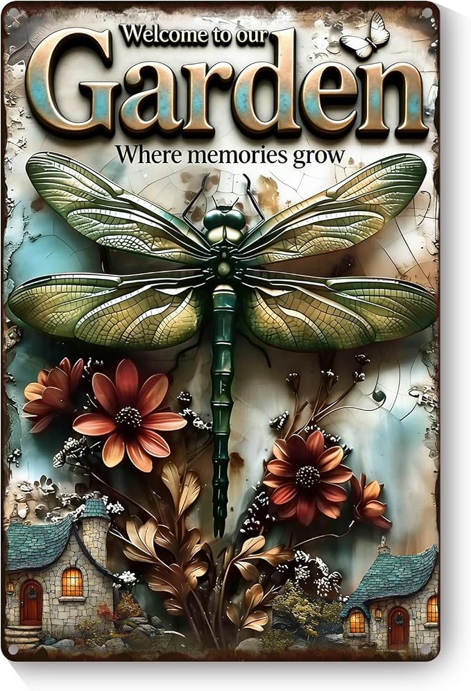 Funny Garden Metal Signs, Vintage Outdoor Wall Decor 8x12 Inch | Welcome to Our Garden Where Memories Grow, Weatherproof Aluminum Sign for Patio Yard Greenhouse, Gift For Gardeners