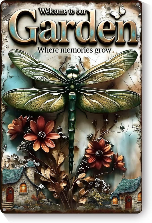 Funny Garden Metal Signs, Vintage Outdoor Wall Decor 8x12 Inch | Welcome to Our Garden Where Memories Grow, Weatherproof Aluminum Sign for Patio Yard Greenhouse, Gift For Gardeners