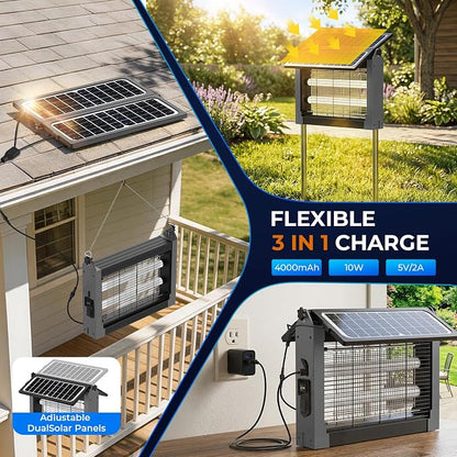 Solar Bug Zapper, 4500V Mosquito Zapper Outdoor Waterproof with Dual Solar Panel, USB Rechargeable Mosquito Killer, Cordless Fly Insect Zapper Waterproof for Patio Yard Garden Home Camping