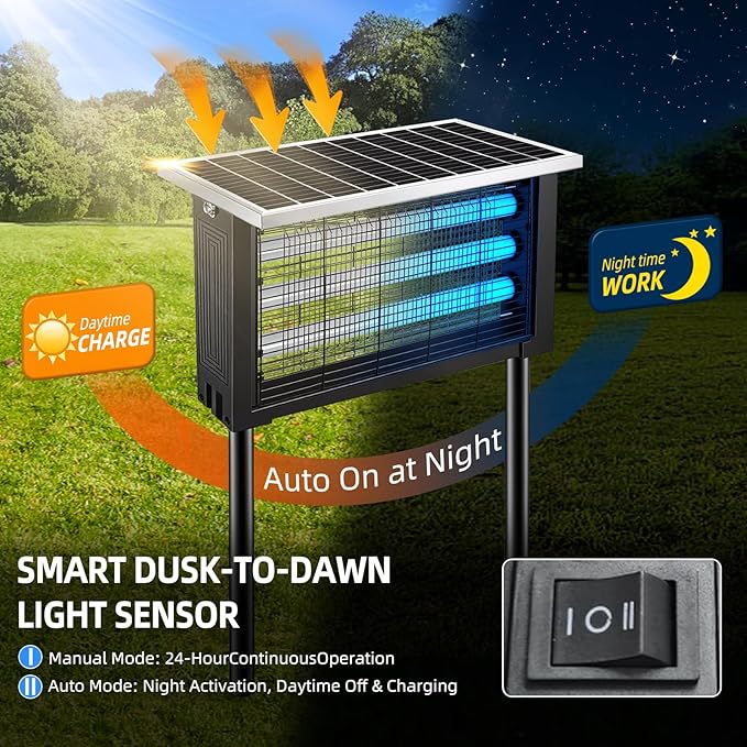 Solar Bug Zapper Outdoor for 3000 sq.ft, Waterproof Mosquito Zapper, Rechargeable Fly Zapper with 3 LED Tube,Cordless Solar Mosquito Killer for Patio Yard Garden Camping with 13W Solar Panel (9023A)