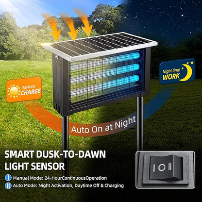 Solar Bug Zapper Outdoor for 3000 sq.ft, Waterproof Mosquito Zapper, Rechargeable Fly Zapper with 3 LED Tube,Cordless Solar Mosquito Killer for Patio Yard Garden Camping with 13W Solar Panel (9023A)