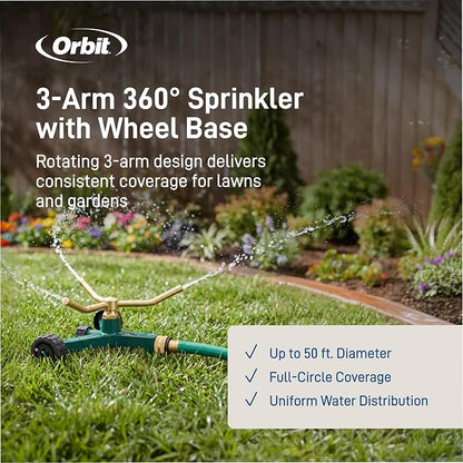 Orbit 58257N Lawn and Garden 3-Arm Metal Sprinkler with Wheel Base