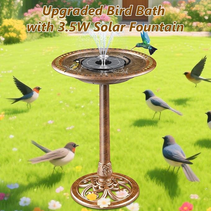 AISITIN 28 Inch Bird Bath with 3.5W Solar Fountain for Outside, Antique Copper Polyresin Pedestal Bird Baths for Outdoor Garden Courtyard Decor, Weather-Resistant Birdbaths with 20" Bowl & 8 Nozzles