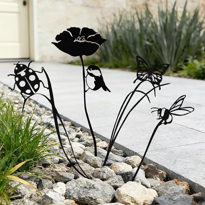 4-Pack Metal Yard Stakes for Outdoor, Black Bird Bee Butterfly Ladybug Set | Rust-Resistant Metal, Black Silhouette, Cute Insect Shapes, For Yard Flower Bed Planters Patio Lawn, Outdoor & Indoor Decor