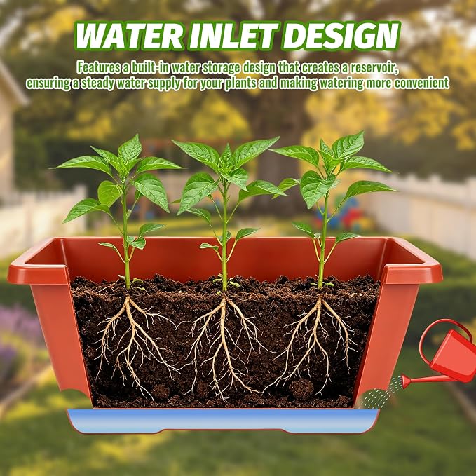 7 Pack Window Box Planters, 17 Inch Plastic Rectangular Flower Pots for Indoor/Outdoor Plants, Herbs, Vegetables, Includes Trowel, Waterproof Mat & Gloves (Brick-red)