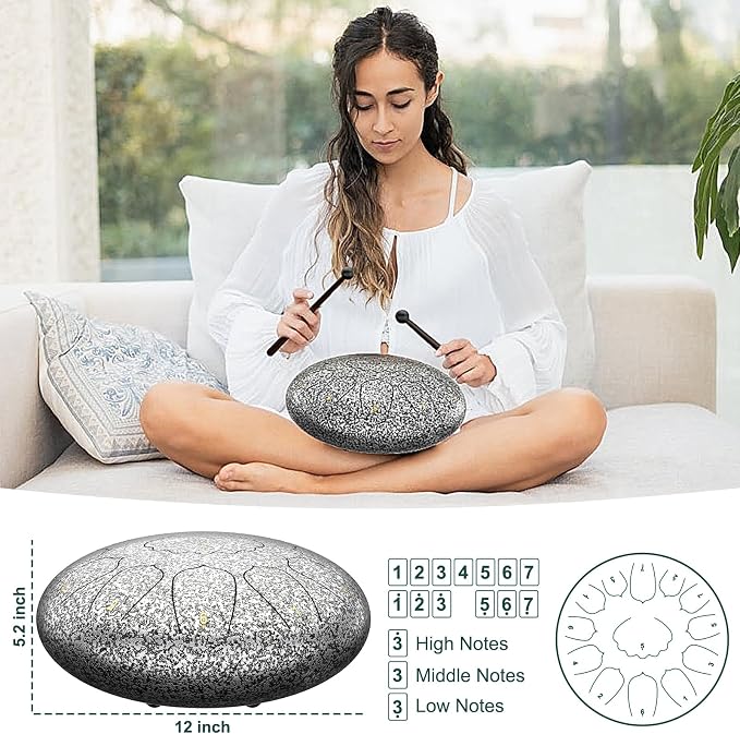 D Major Steel Tongue Drum Handpan, 12 Inch 13 Note Rain Drum for Outside Garden, Meditation Rain Chime, Musical Percussion Instrument for Adult Gift with Bag, Music Book, Drum Mallets (Star Sliver)