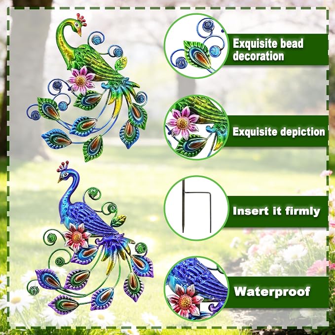 2 Pack Peacock Metal Decorative Garden Stakes - 29.5 Inch Patio Decor Art and Rust Resistant Metal Garden Decor for Indoor and Outdoor Decor - Perfect for Patio and Lawn Ornaments