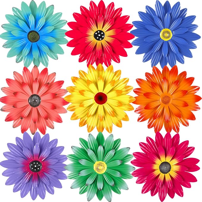 Zhehao 9 Pcs Metal Flower Wall Art Hanging 3D Daisy Decor Metal Flowers Outdoor Decor Multicolored Layered Floral Sunflower Wall Decorations for Home Garden Porch Patio(Fresh Color,8 Inch)