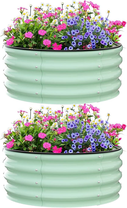 Garvee Galvanized Raised Garden Bed, 2Pcs Raised Garden Beds Outdoor, Round Planter Raised Beds with Gloves and Rubber Edge Trim for Vegetables, Flowers and Herbs, 3x3x1 FT, Green