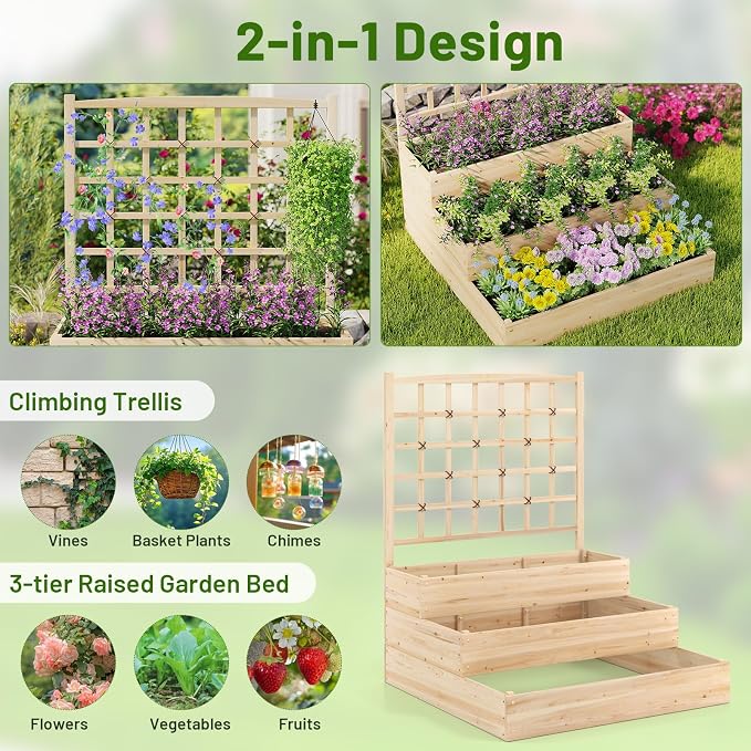 Giantex 3-Tier Raised Garden Bed with Trellis and 3 Planter Boxes, Outdoor Open-Ended Wood Raised Bed for Planting and Vines Flowers Vegetables Growing, 44"x45"x56"