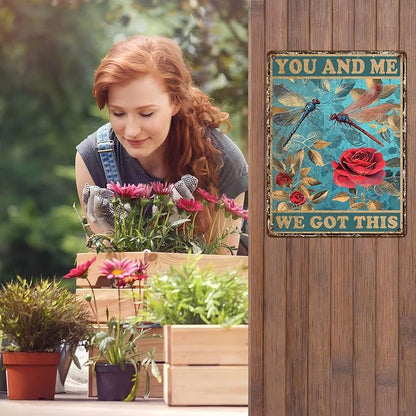 Metal Tin Sign Vintage Retro Wall Decor Roses Garden Dragonfly Tin Sign You and Me We Got This for Home Garden Greenhouse Living Room Bedroom Outdoor Decor 12 * 16inch
