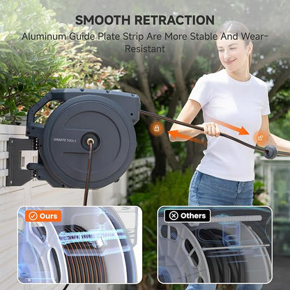 Giraffe Tools Heavy-Duty Wall-Mounted Hose Reel, 5/8" x 90 ft Retractable Hose with Automatic Rewind, 180° Swivel, Any-Length Lock & 7-Pattern Nozzle (Dark Grey)
