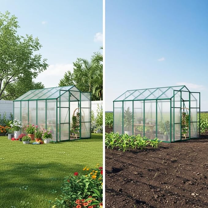 6x10 FT Greenhouse, Walk-in Heavy Duty Polycarbonate Outdoor Greenhouses with Raised Base & Anchor, Height-Enhanced Aluminum Frame, & Drainage System for Backyard All Season Growing, Green