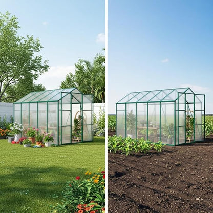 6x10 FT Greenhouse, Walk-in Heavy Duty Polycarbonate Outdoor Greenhouses with Raised Base & Anchor, Height-Enhanced Aluminum Frame, & Drainage System for Backyard All Season Growing, Green