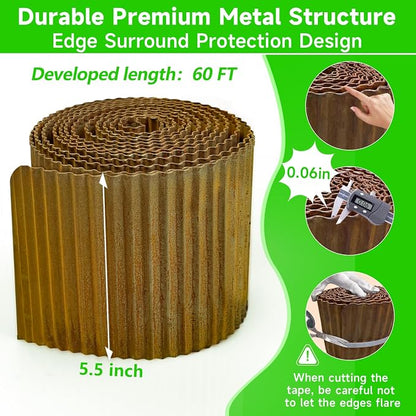 Corrugated Garden Edging,5.5"×60Ft Pre-Rusted Landscape Edging & Lawn Edging Border,Metal Garden Border for Flower Beds,Garden,Lawn,Raised Beds & Tree Surrounds