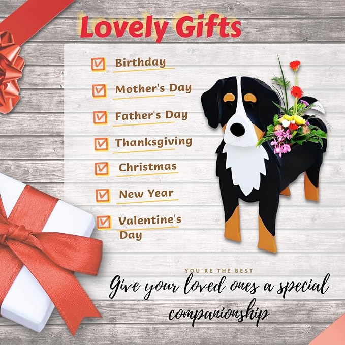 Bernese Mountain Dog Planter Pots, 9.45 x 5.75 x 12.2 Inches | Dog Flower Pot, Cute Animal Shaped Plant Pot, Gifts for Women & Pet Lovers, Indoor Outdoor Garden Home Office Decor