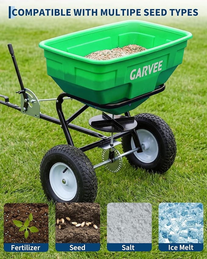 Tow Behind Broadcast Spreader, 125 LBS Large Capacity Universal Hook Tow & Push Lawn Spreader, 9.8 ft Spreading Width 30 Adjustable Settings, Compatible with UTV ATV Riding Mower & Most Tractors