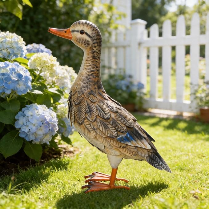 Shorayn Garden Statue Metal Duck Life-Size Mallard Indoor Outdoor Decor Handmade Iron
