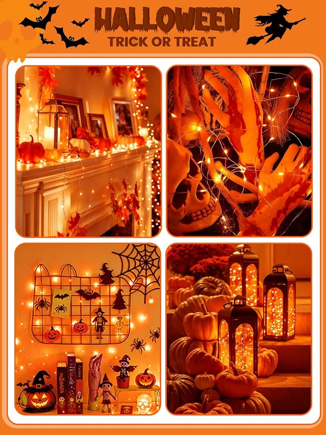 4 Pack 20FT 60LED Battery Operated Fairy Fall Lights with Timer, Waterproof Battery String Lights Outdoor Indoor, Battery Twinkle Lights for Bedroom Thanksgiving Day Party Halloween (Orange)