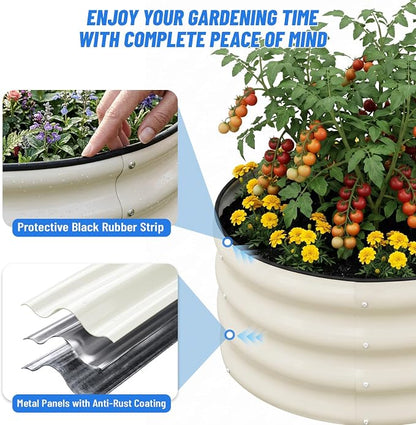 SnugNiture 3 Pcs 2x2x1ft Round Galvanized Raised Garden Bed Kit Outdoor, Metal Planter Box for Planting Plants Vegetables, White