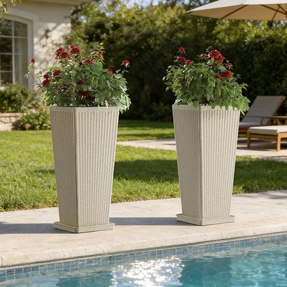 Square Tall Planters for Outdoor Plants Set of 2-24" Heavy-Duty Classic Tapered Indoor Flower Pots with Drainage Holes/Partition/Tray, Large Outdoor Planters for Porch Patio, Beige Cream