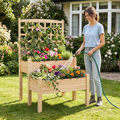 Giantex Raised Garden Bed with Trellis, 2-Tier Elevated Planter Box for Climbing Plants, Flowers, Vegetables, Herbs, Outdoor Wooden Vertical Garden Bed with Drainage Holes, for Patio Backyard Balcony